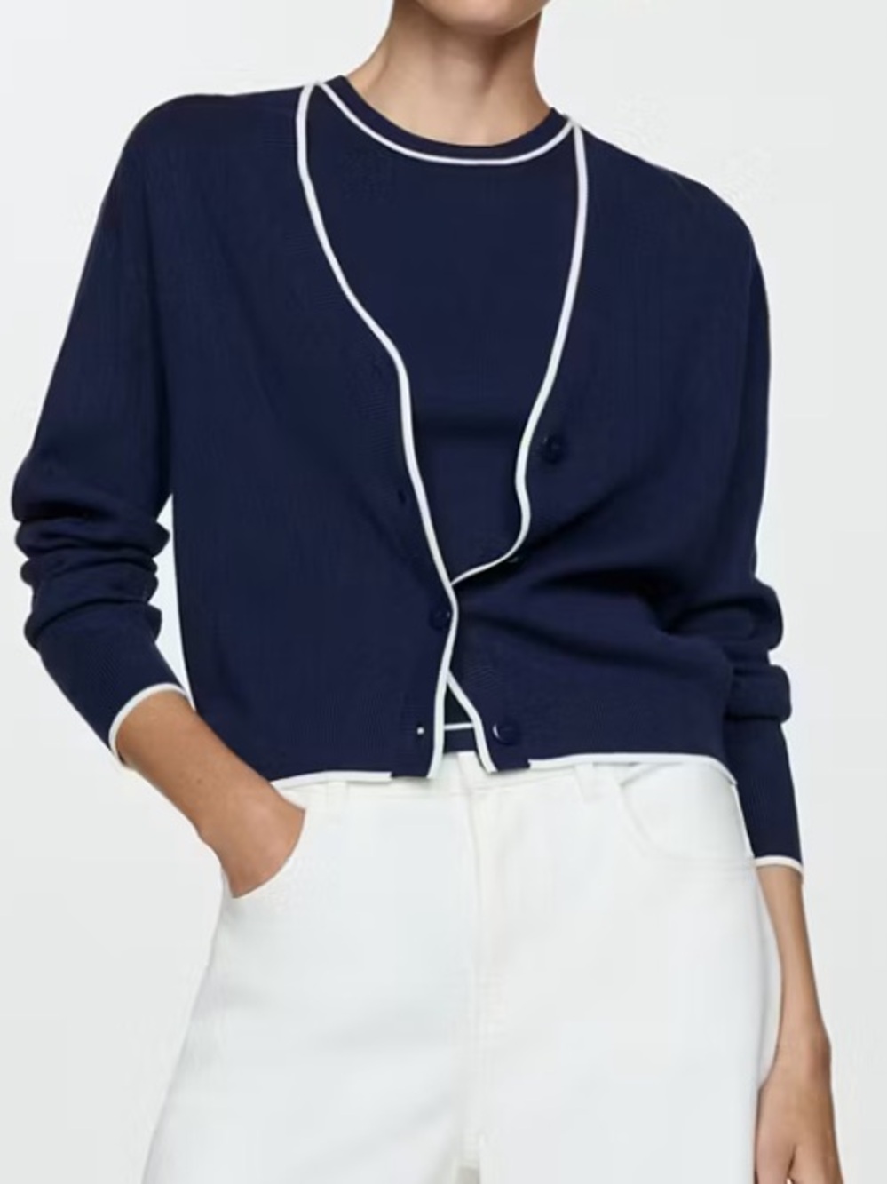 Mango Navy Cardigan with White Contrast Trim CARDIGAN WITH CONTRASTING TRIM 2918